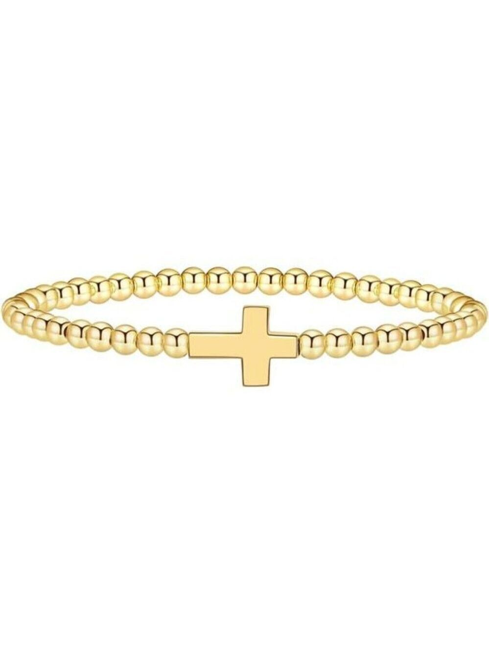 Gold beaded bracelet for women 14K gold plated stackable cross charm jewelry